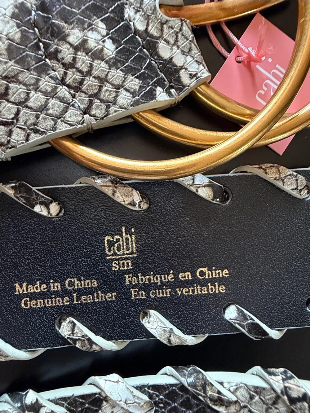 cabi Snake-Print Leather Belt with Gold Rings - White/Black